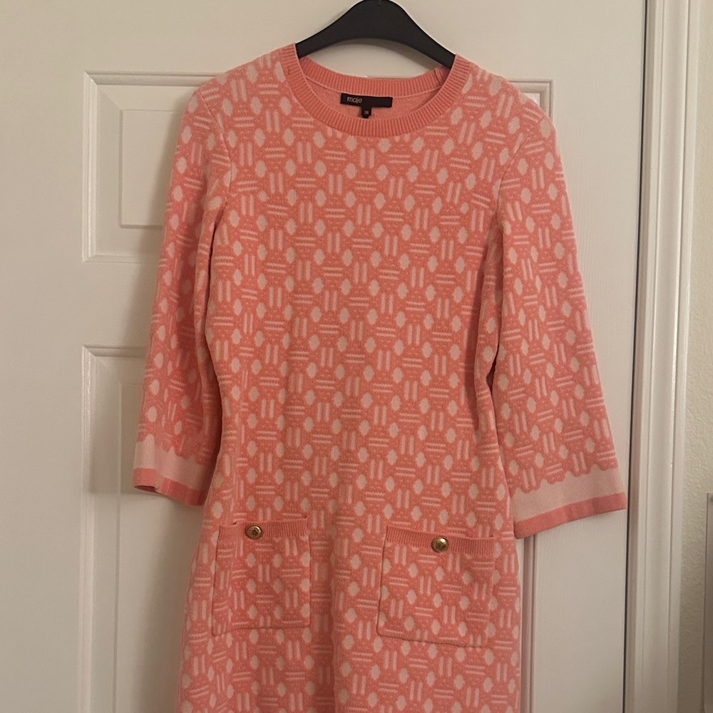Maje Pink and White Geometric Sweater dress - Picture 2 of 16